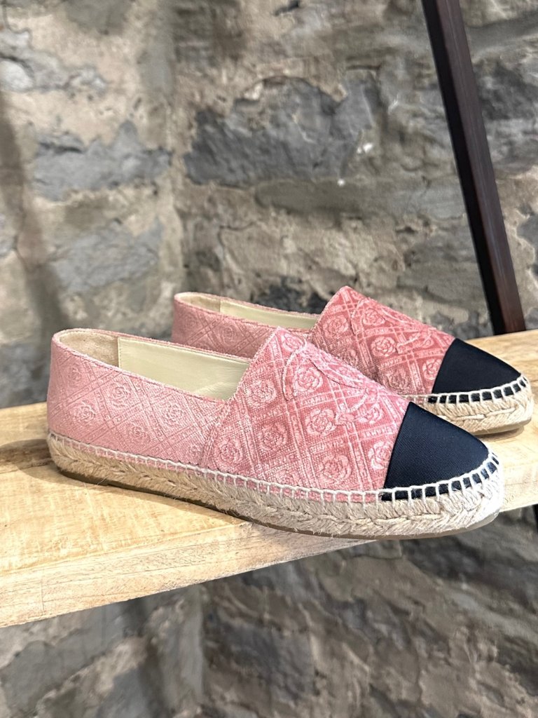 Chanel Pink Velvet Camelia Logo Cc Espadrilles